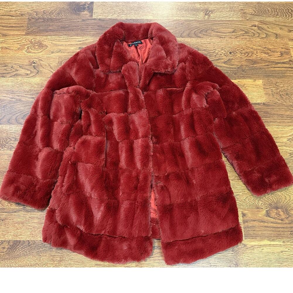 Elly Bazar Faux Fur Paneled Textured Jacket Women's Red Size Large Dopamine